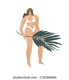 Dibujo manual vector abstracto gráfico gráfico de la población con joven sonriente feliz hembra en traje de baño en la playa con permiso tropical aislado en fondo blanco