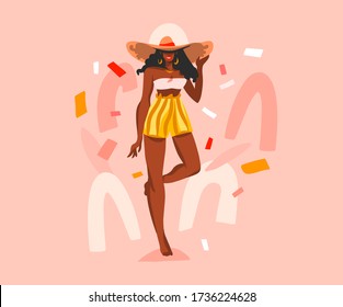 Hand drawn vector abstract stock graphic illustration with young happy black afro american beauty female in swimsuit and beach hat isolated on color collage shape background