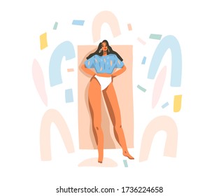 Hand drawn vector abstract stock graphic illustration with young summer outfit smiling happy female with confetti collage shapes isolated on white background