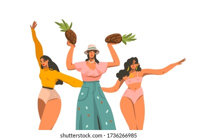 Hand drawn vector abstract stock graphic illustration with young smiling positive happy females group isolated on white background