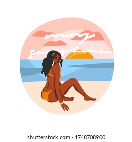 Hand drawn vector abstract stock graphic illustration with young happy black afro american beauty female in swimsuit sitting on sundown beach scene isolated on white background