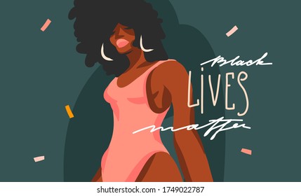 Hand drawn vector abstract stock graphic illustration with young black afro american beauty female and Black lives matter lettering isolated on color collage shape background