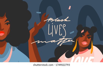 Hand drawn vector abstract stock graphic illustration with young black afro american beauty women and Black lives matter lettering isolated on color collage shape background