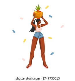 Hand drawn vector abstract stock graphic illustration with young happy black afro american beauty female, carries a basket of fruit on his head isolated on white background