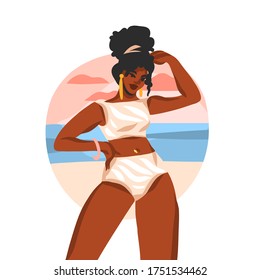 Hand drawn vector abstract stock flat graphic illustration with young happy black afro american beauty female,in swimsuit on sundown beach scene isolated on white background