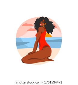 Hand drawn vector abstract stock flat graphic illustration with young happy black afro american beauty female,in swimsuit sitting on sundown beach scene isolated on white background