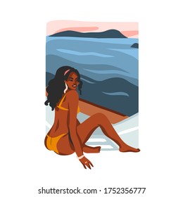 Dibujo manual vectorial abstracto material gráfico plano ilustración con joven afroamericana feliz hembra de belleza negra, en traje de baño en la escena de playa soleada aislado en fondo blanco