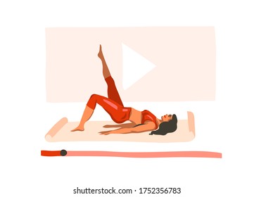 Hand drawn vector abstract stock flat graphic illustration with young happy female, doing fitness on mat and watching online training video isolated on white background