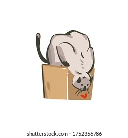 Gráfica gráfica plana de material abstracto de vector dibujado a mano con gato joven feliz y corazón pequeño aislado en fondo blanco