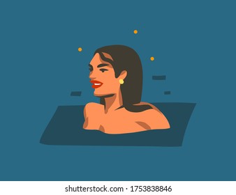 Hand drawn vector abstract stock flat graphic illustration with young happy beauty woman swimming in night water with stars reflection isolated on blue color background