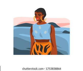 Dibujo manual vector abstracto de la ilustración de la población con joven afroamericana feliz hembra de belleza negra, sobre la vista de la escena de la playa al sol aislado en el fondo blanco