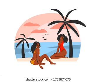 Hand drawn vector abstract stock flat graphic illustration with young happy black afro american beauty women ,in swimsuit on sundown beach scene isolated on white background