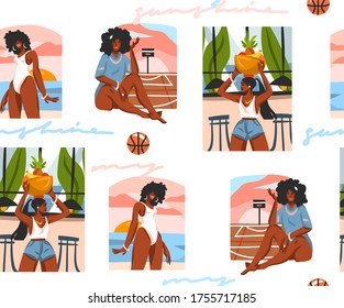 Hand drawn vector abstract stock flat graphic illustration seamless pattern with young happy black afro american beauty females ,in everyday routine scenes isolated on white background