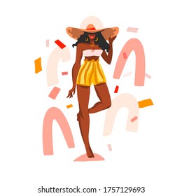 Gráfica gráfica plana con vector dibujado a mano material abstracto ilustración gráfica plana con joven afroamericano negro feliz, mujer de belleza con traje de baño y sombrero de playa aislado en forma de collage blanco