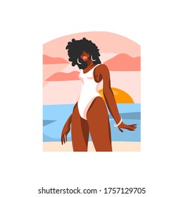 Dibujo manual vectorial abstracto material gráfico plano ilustración con joven afroamericana feliz hembra de belleza negra, en traje de baño en la escena de visión de la puesta de sol aislado en fondo blanco