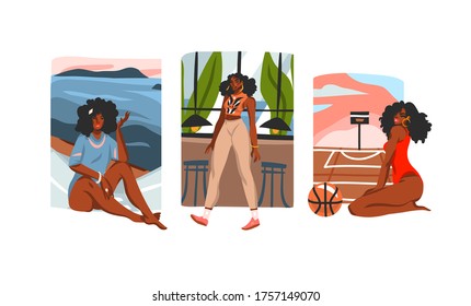 Hand drawn vector abstract stock flat graphic illustration collection set with young happy black afro american beauty females ,in everyday routine scenes isolated on white background