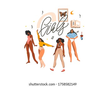 Hand drawn vector abstract stock flat graphic illustration with young happy multiethnic beauty females group,and Girls handwritten lettering isolated on white background