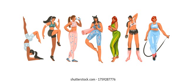 Hand drawn vector abstract stock flat graphic illustration collection set bundle with sport fitness training women in sportwear isolated on white color background.Home fitness concept