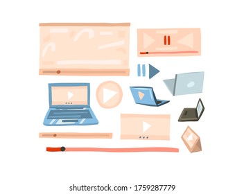 Hand drawn vector abstract stock flat graphic illustration vlog concept collection set with play video screen,laptop and tablet computer in simple collage style isolated on white background