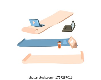 Hand drawn vector abstract stock flat graphic illustration collection set with sport fitness training mats and laptop,tablet computers isolated on white color background.Home fitness concept