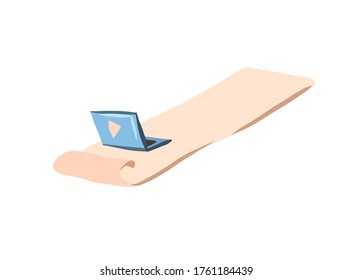 Hand drawn vector abstract stock flat graphic illustration collection with sport fitness training mat and laptop computer isolated on white color background.Home fitness concept