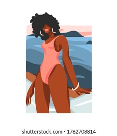 Dibujo manual vectorial abstracto material gráfico plano ilustración con joven afroamericana feliz hembra de belleza negra, en traje de baño en la escena de playa soleada aislado en fondo blanco
