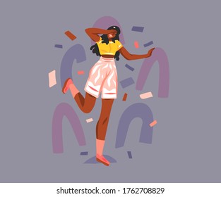 Hand drawn vector abstract stock flat graphic illustration with young happy smiling teenager black african american beauty female in isolated on pastel collage shape background