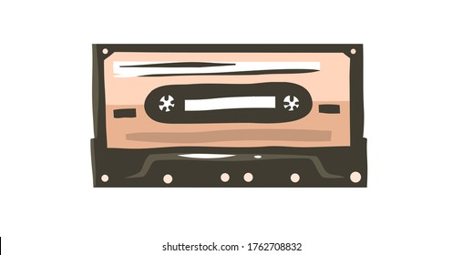 Hand drawn vector abstract stock flat graphic illustration with retro casette for media player drawing isolated on white color background