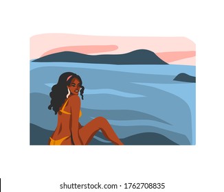 Hand drawn vector abstract stock flat graphic illustration with young happy black afro american beauty female,in swimsuit on sundown beach scene isolated on white background