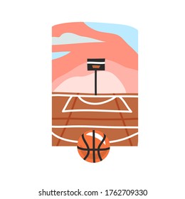 Hand drawn vector abstract stock flat graphic illustration with sundown beach scene of street basketball court and ball isolated on white background
