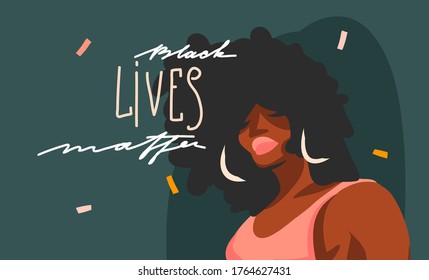 Hand drawn vector abstract stock graphic illustration with young black afro american beauty female and Black lives matter lettering isolated on color collage shape background