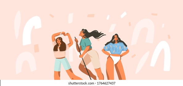 Hand drawn vector abstract stock graphic illustration with young smiling happy females group have everyday positive routine at home isolated on white confetti background