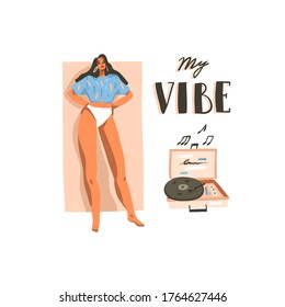 Hand drawn vector abstract stock graphic illustration with young smiling happy female dancing at home and listen music on vinyl record player isolated on white background
