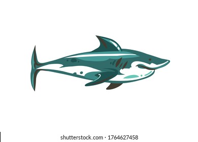 Hand drawn vector abstract stock flat graphic illustration with underwater swimming shark drawing isolated on white color background