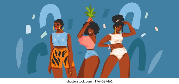 Hand drawn vector abstract stock flat graphic illustration with young happy african american beauty females group isolated on color collage shape background