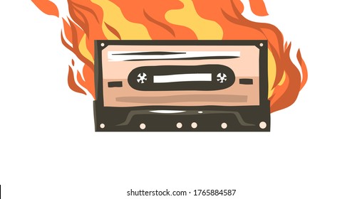 handgezeichnet, Vektorgrafik-Abstrakte Stockflachgrafik mit brennendem Retro-Casette für Medienspieler, einzeln auf weißem Hintergrund
