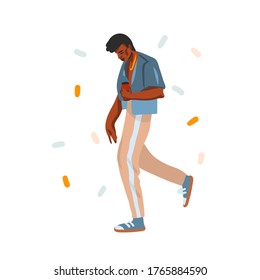 Dibujo a mano vector abstracto ilustración de stock gráfico con joven urbana feliz hombre de belleza afroamericano negro, en traje de moda aislado en fondo blanco