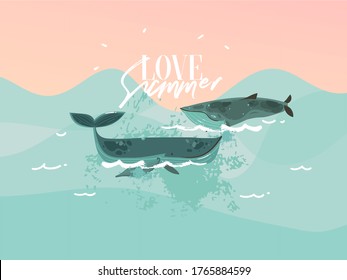 Hand drawn vector abstract stock flat graphic illustration with happy beauty swimming whales and sundown ocean scene isolated on blue color background.