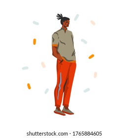 Hand drawn vector abstract stock graphic illustration with young happy black african american beauty man, in fashion outfit isolated on white background