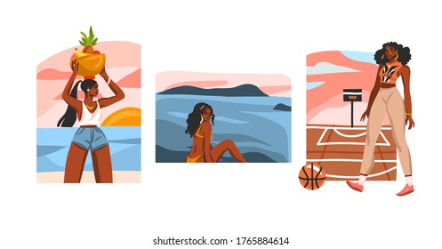 Hand drawn vector abstract stock flat graphic illustration collection set with young happy black afro american beauty females ,in everyday routine scenes creator isolated on white background