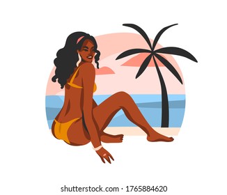 Handgezeichnet Vektorgrafik abstrakte Stockflachgrafik mit junger, glücklicher, schwarzer Afro-amerikanischer Schönheit, in Badeanzug auf sonniger Strandszene einzeln auf weißem Hintergrund.