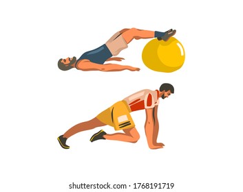 Hand drawn vector abstract stock flat graphic illustration collection set with sport fitness training man isolated on white color background.Home fitness concept