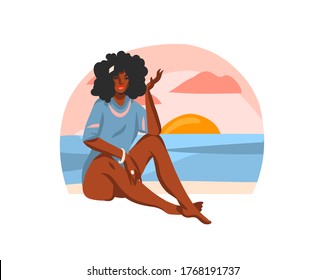 Hand drawn vector abstract stock flat graphic illustration with young happy black afro american beauty female,sitting on sundown beach scene isolated on white background
