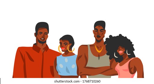 Hand drawn vector abstract stock flat graphic illustration with young happy african american beauty students women and men friends group isolated on white background