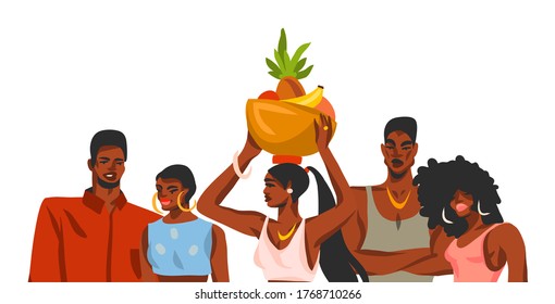 Hand drawn vector abstract stock flat graphic illustration with young happy african american beauty students women and men friends group isolated on white background