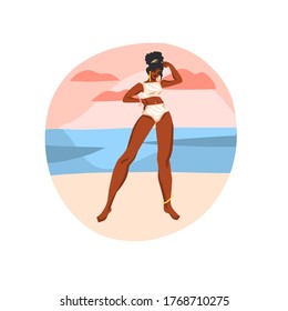 Dibujo manual vectorial abstracto material gráfico plano ilustración con joven afroamericana feliz hembra de belleza negra, en traje de baño en la escena de playa soleada aislado en fondo blanco