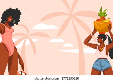 Hand drawn vector abstract stock flat graphic illustration with young ,happy black afro american beauty women in swimsuit on sundown view scene on the beach isolated on pink pastel background