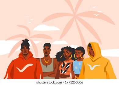 Hand drawn vector abstract stock flat graphic illustration with young black afro american beauty people group in fashion outfit on sundown view scene on the beach isolated on pink pastel background