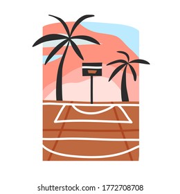 Hand drawn vector abstract stock flat graphic illustration with sundown beach scene of street basketball court isolated on white background