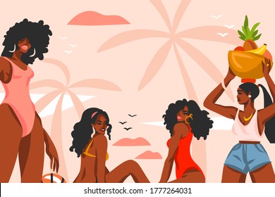 Hand drawn vector abstract stock flat graphic illustration with young ,happy black afro american beauty women group in swimsuit on sundown view scene on the beach isolated on pink pastel background